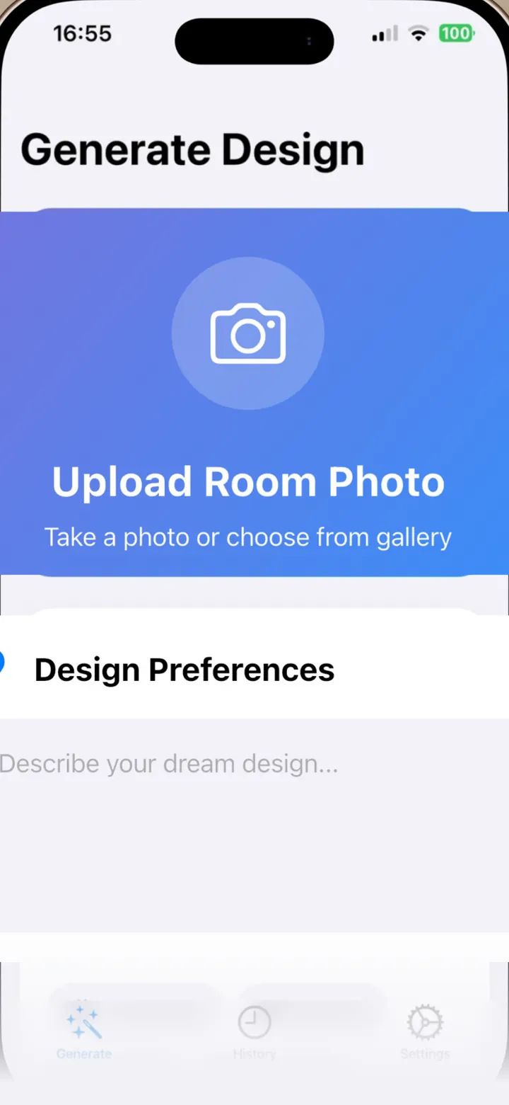 DreamSpace Generate Design screen with the Upload Room Photo card and the Design Preferences text box
