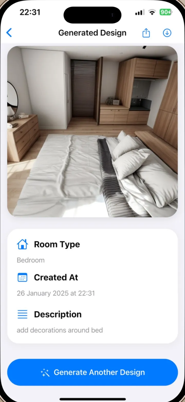 DreamSpace Generated Design screen: a redesigned bedroom with share and save buttons, the room type, date and description, and a Generate Another Design button
