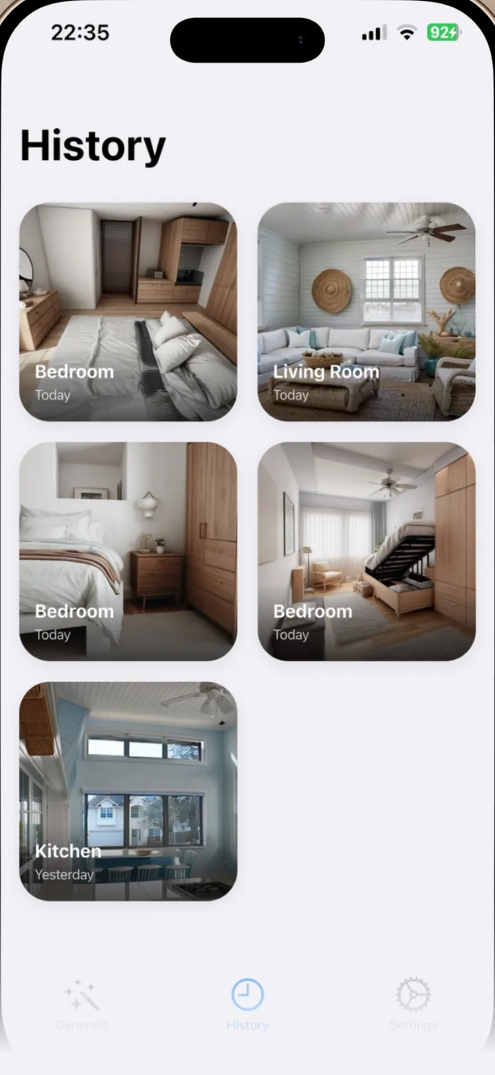 DreamSpace History screen: a grid of earlier designs labelled Bedroom, Living Room and Kitchen